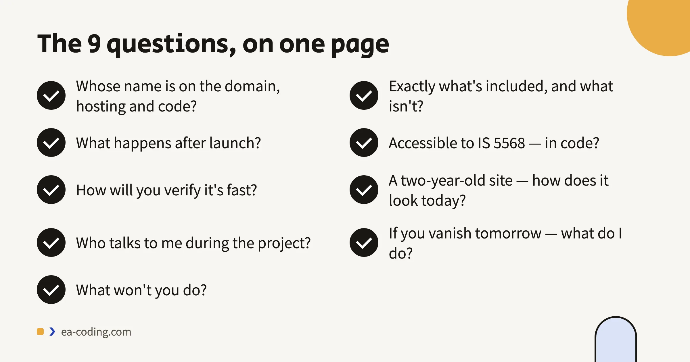 The nine questions for a web developer, on one page