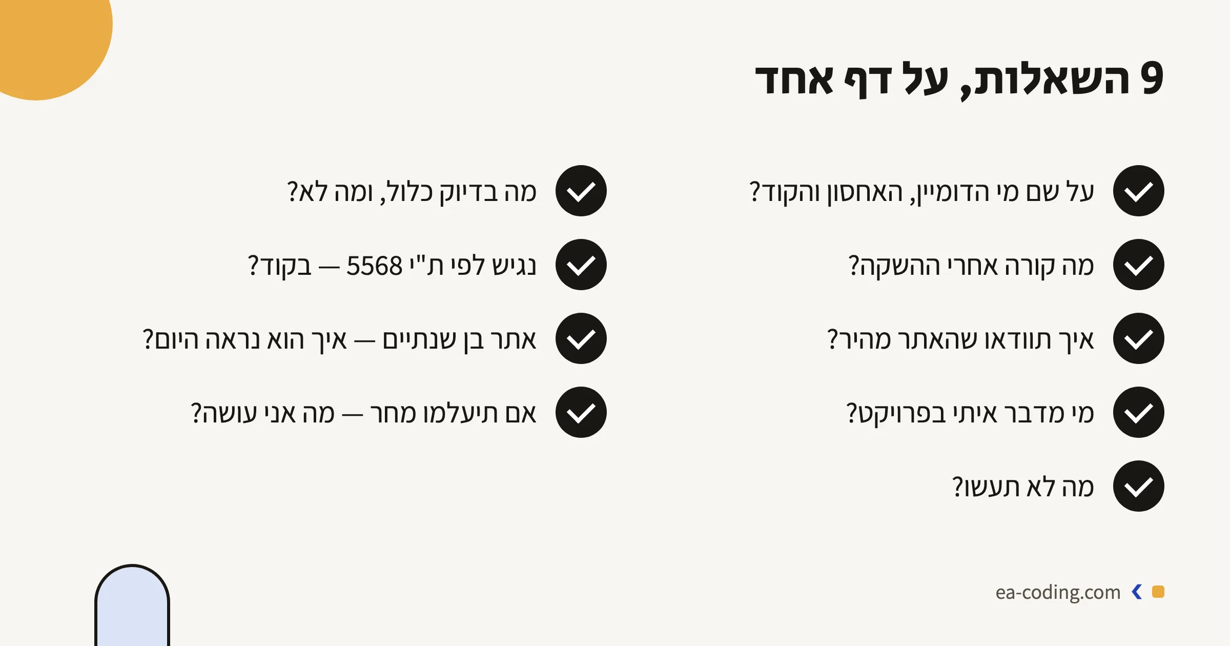 תשע השאלות למפתח אתרים, על דף אחד