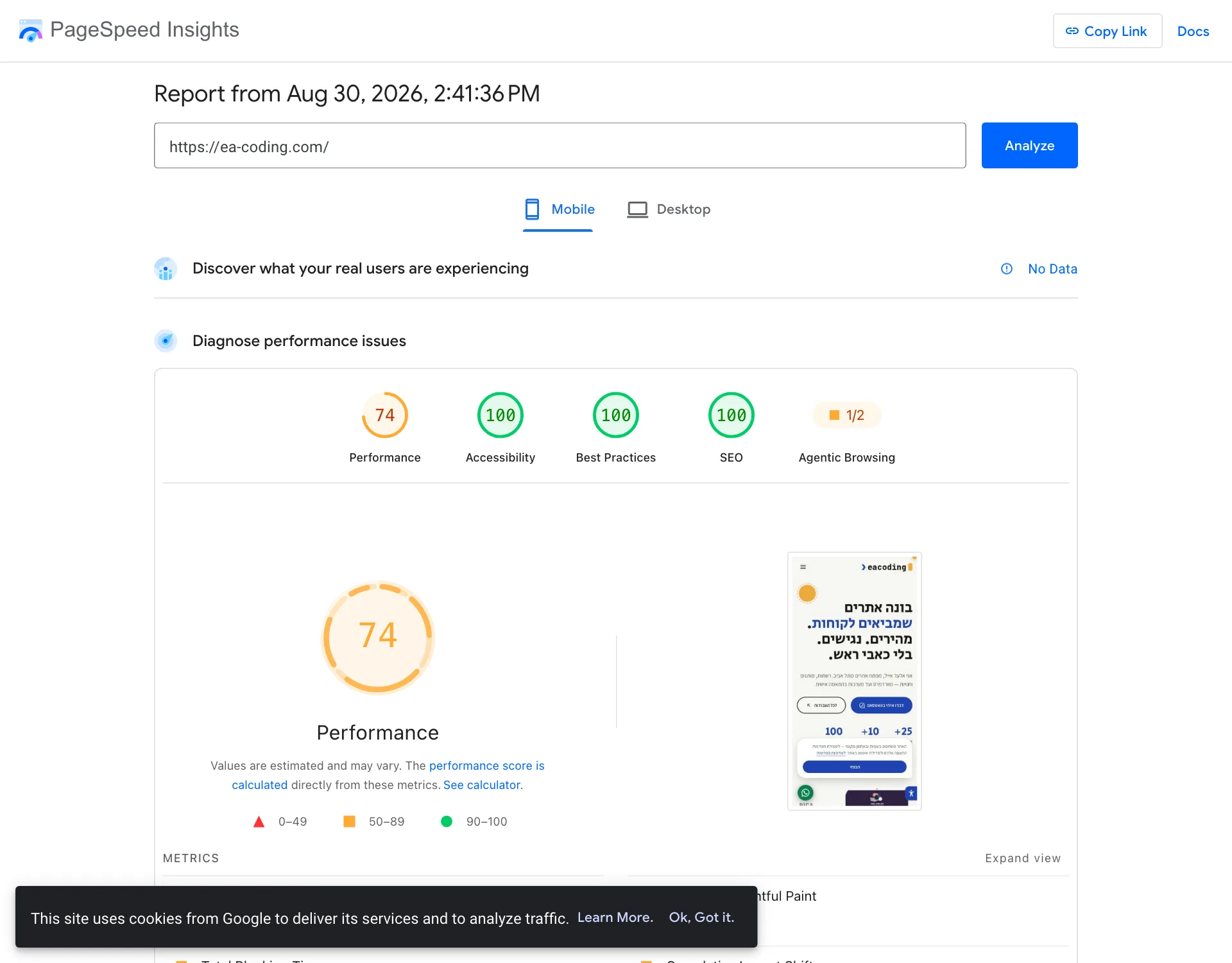 דוח PageSpeed Insights אמיתי של האתר הזה, במובייל