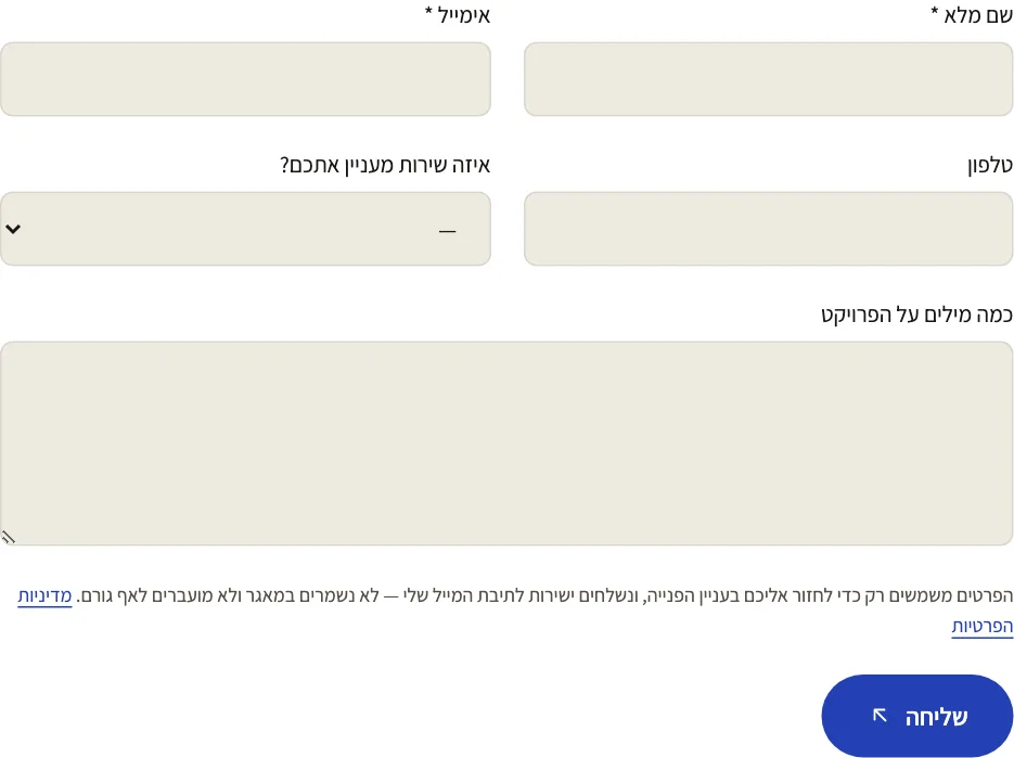טופס יצירת הקשר באתר הזה, עם שורת היידוע צמודה לכפתור השליחה