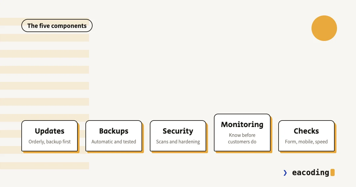The five maintenance components: updates, backups, security, monitoring, checks